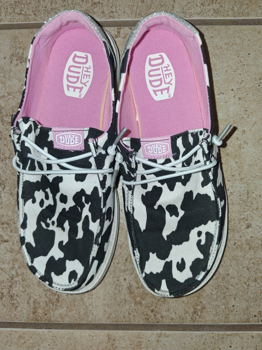 Hey Dude Kids (4) Or Woman's (Size 5.5) Black & Pink Cow-Print Slip-On Moccasins
